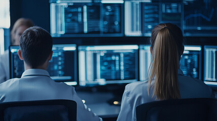 corporate team collaborating in high tech workspace, focused on data analysis and technology