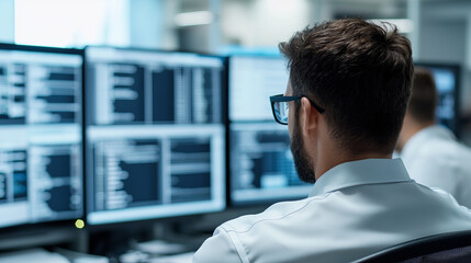Man working in high tech workspace, focused on multiple computer screens displaying data and code