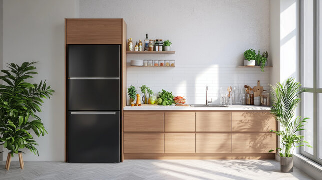 A sleek modern kitchen showcases a full fridge brimming with fresh ingredients. The warm wood cabinetry complements the greenery, creating an inviting culinary space perfect for cooking