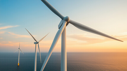 Fototapeta premium Offshore wind turbines spinning in open ocean at sunset, showcasing renewable energy