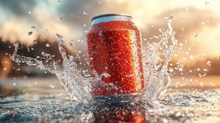 Dynamic 3D Mockup of Floating Soda Can with Splash Effect in Vibrant Background Environment