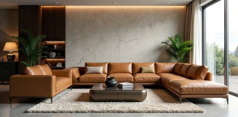Luxurious leather seating, metallic accents, glass top coffee table, soft rug Modern interior , elegant, coffee table