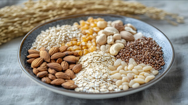 Medium Photograph Subject A plate containing various grains and seeds with their shells including oats barley buckwheat rice millet rapeseed powder cornflakes coconut fl