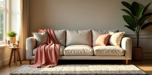 Plush sofa, soft throws, warm rug, cozy living room , decor, soft