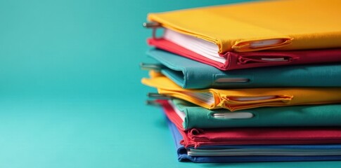 Stack of office folders, different sizes and colors, top view, color, work tools
