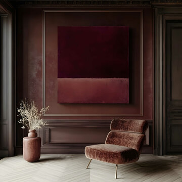 a painting of rothko in a bordeaux red colorpalette hanging in a interior matching a luxurious interior in the same bordeaux res colors