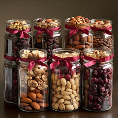 Generate very realistic and modern photography for the topic Arrange several glass jars filled with layers of nuts cranberries dried fruits and small cookies Tie each ja