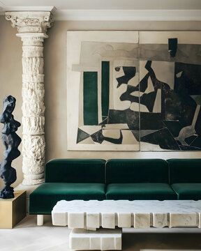 Enzo Mari designed living room looking directly at wall Dark green Velvet Sofas Uniqe Sculptures one Big Painting on the wall Fabulous narrow marble bench in front o