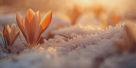 The first blooming crocuses next to the snow. Spring flowers at the club, close-up