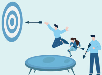 Illustration of Teamwork and Strategy: Achieving Goals with Precision and Coordination Using a Trampoline and Arrows