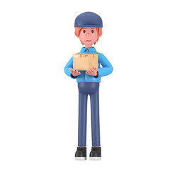 Delivery courier man in blue uniform holding cardboard package box. Safe delivery of goods concept. 3d people character illustration. Cartoon minimal style. PNG background