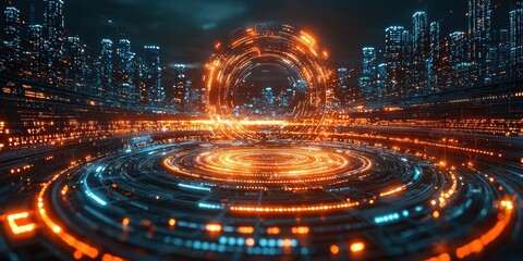 Futuristic Cityscape with Glowing Circular Interface and Neon Lights at Night