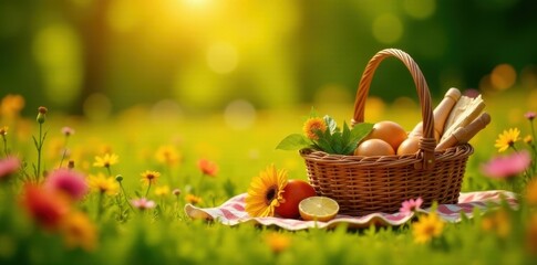 Family picnic basket amidst wildflowers, sunny afternoon, nature, basket