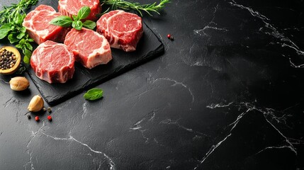Beautifully arranged raw lamb chops lie on a dark slate surface, garnished with fragrant herbs like rosemary and basil