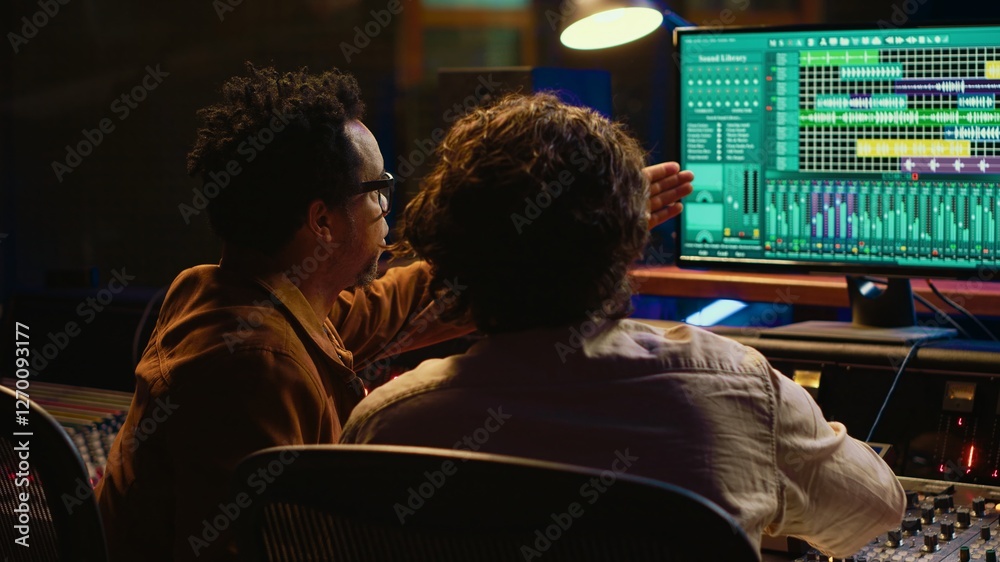 Fototapete Music production team examining volume levels on audio software, using mixing and mastering techniques to create a hit song. Musician and sound designer work on editing recorded tracks. Camera A.