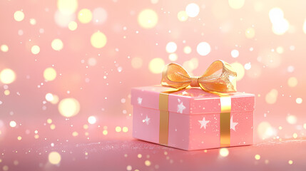 Fototapeta premium Pink Gift Box with Golden Bow and White Stars