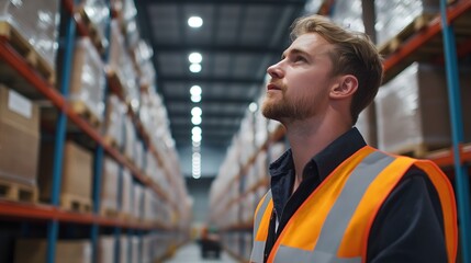 Manager in high-visibility vest overseeing logistics operations in a warehouse during daylight hours