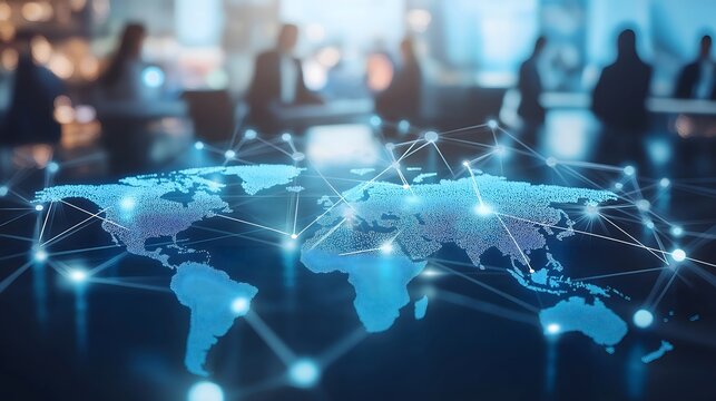 Global network map illustrating interconnected nodes representing data exchange among diverse regions worldwide