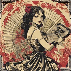 Vintage woman with fan, elegant pose, floral background, artistic illustration