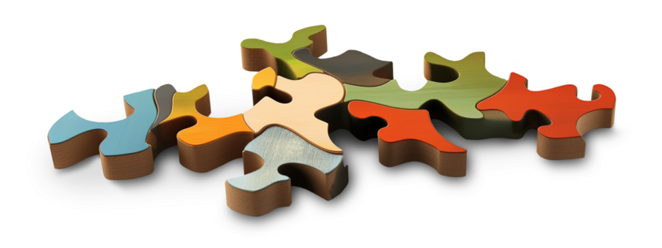 Colorful, cubist-style 3D jigsaw puzzle with unique, abstract shapes scattered artistically. Slight shadow for 3d effect, png, cut out, transparent. Add your own background.