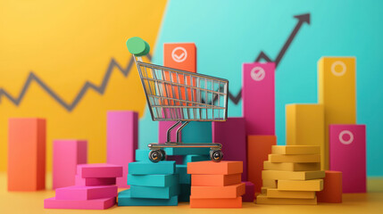 A shopping cart on colorful blocks symbolizes e commerce growth and market trends