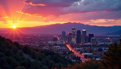 Downtown Colorado Springs sunrise, cityscape with mountain backdrop, high altitude, Colorado Springs