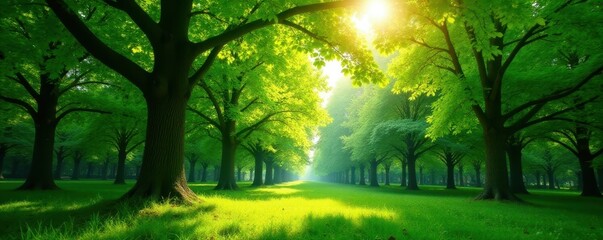 Obraz premium Lush green canopy, sunlight dappled, young trees , shadows, woods