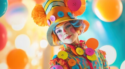 Portrait of an Attractive Female Clown with Balloons Background