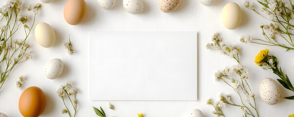 White rectangular sheet layout template, top view, next to naturally colored white and brown eggs, with herbarium of plants and flowers. Easter decoration for spring holiday. Natural product.