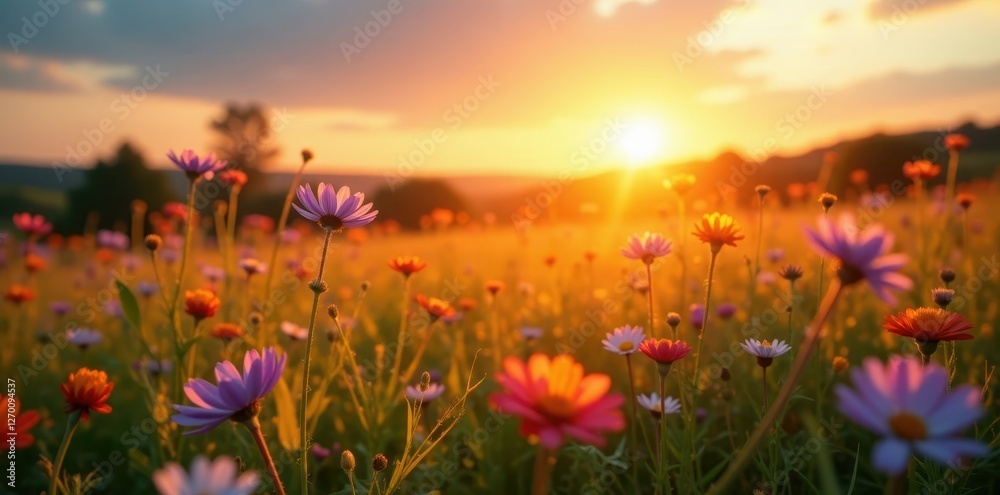 Poster Soft focus sunset over vibrant wildflowers, sweet meadow , landscape, romantic