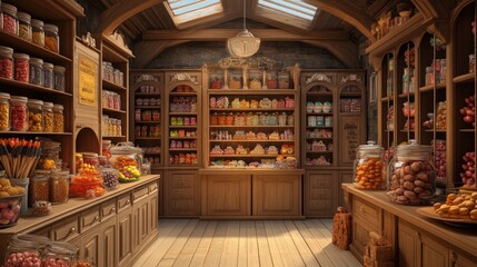 A quaint, rustic candy shop with shelves overflowing with colorful treats, inviting customers to indulge in sweetness.