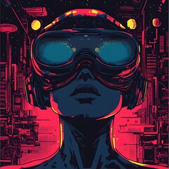 Futuristic woman VR headset city background