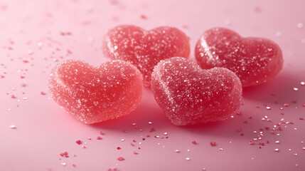 Fototapeta premium Four Heart-Shaped Pink Candies on a Light Pink Table