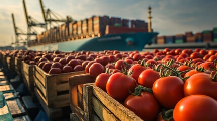 Tomatoes In Wooden Crates At Port With Ship. Fresh Produce Concept.