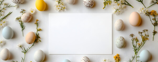White rectangular sheet layout template, top view, next to naturally colored white and brown eggs, with herbarium of plants and flowers. Easter decoration for spring holiday. Natural product.