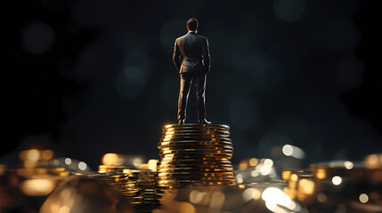 Man in Black Suit Standing on a Pile of Gold Coins with Golden Glow Around