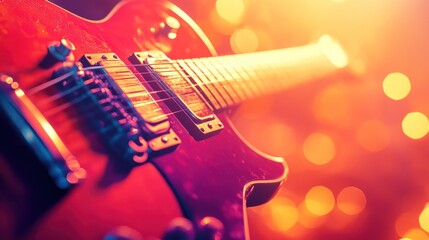 Obraz premium Electric Guitar in Warm Light: A Musical Instrument Close-Up Photography