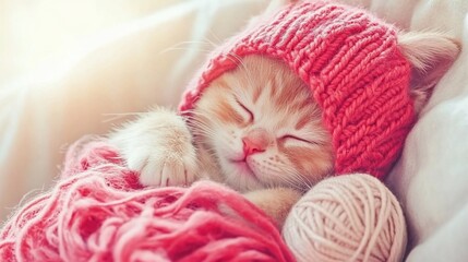 Kitten naps in pink yarn hat, sunlit room