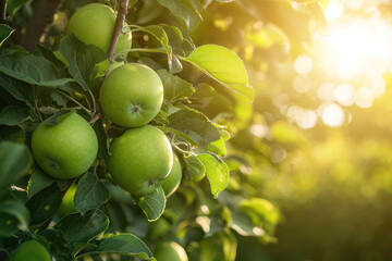 A Fresh green apples on tree with morning light shining through leaves, creating serene atmosphere