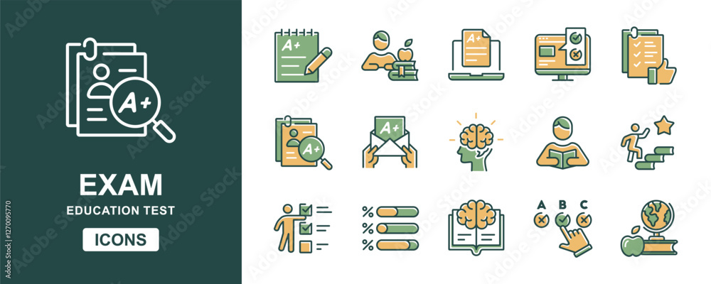 Aufkleber quiz exam icon set education school evaluation test online questionnaire grade result pass score vec