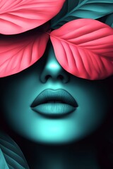 Mystical Leaf Veil Portrait, A surreal portrait with pink leaves partially concealing a face, highlighting teal lips. Dreamy and artistic.