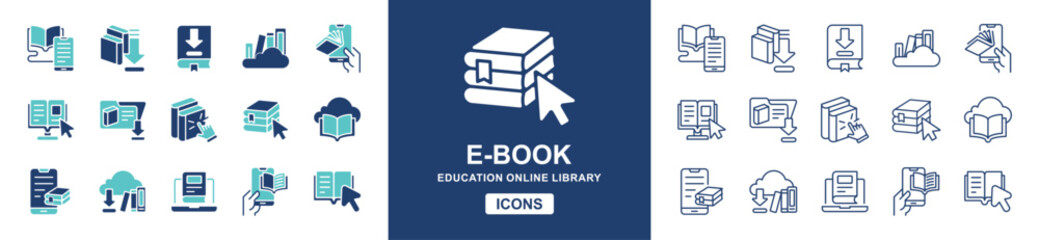 education book online library icon line set digital e-book dictionary document collection download arrow learning read book signs vector illustration