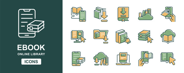 e-book library icon line set education online digital book dictionary document collection download arrow signs vector illustration for web and app