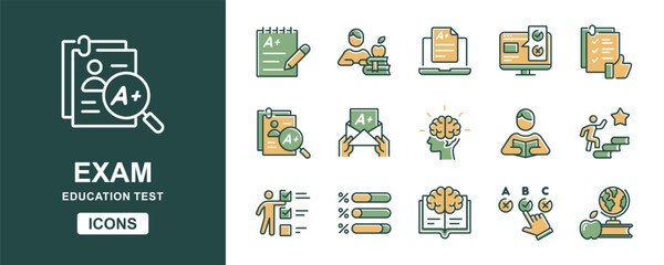 quiz exam icon set education school evaluation test online questionnaire grade result pass score vector set student learning clipboard school performance signs illustration for web and app