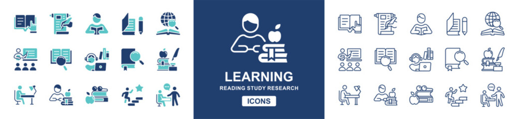 student read and learn icon set education online learning course study reading book signs vector line illustration for web and app