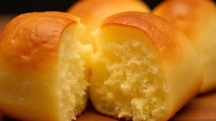 A close-up of a brioche's soft, buttery texture with golden crust. Lighting highlights its rich and indulgent texture.