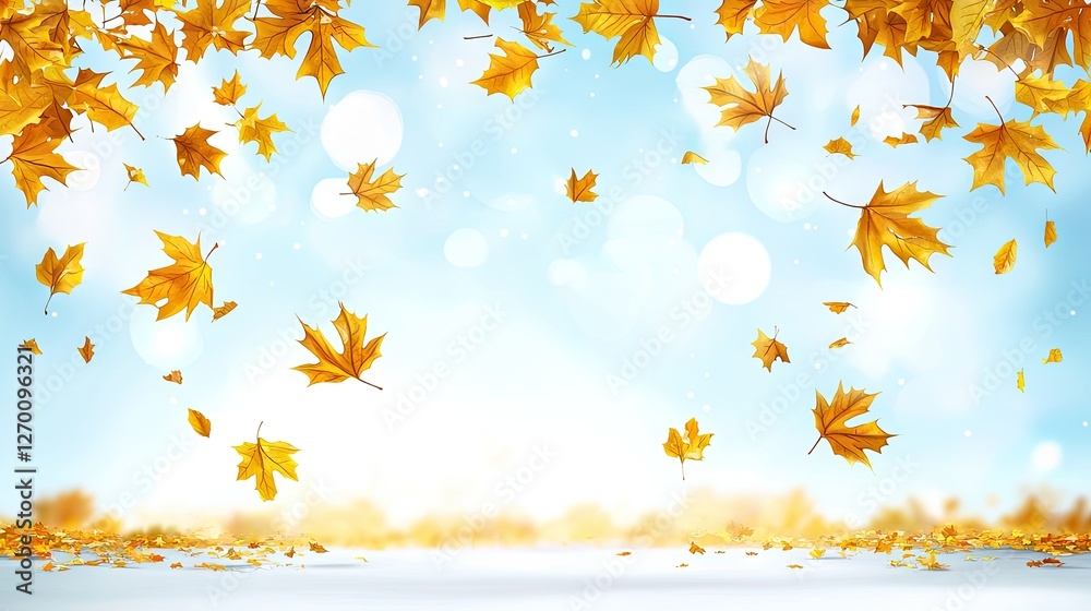 Poster Autumn leaves falling, light blue sky, blurred background, autumnal scene, backdrop, design