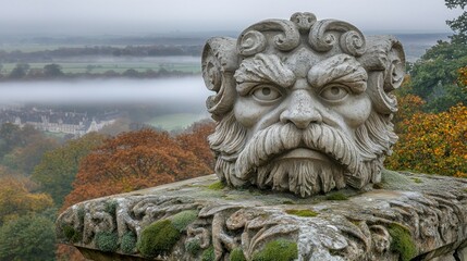 Stone grotesque head overlooks autumnal valley mist