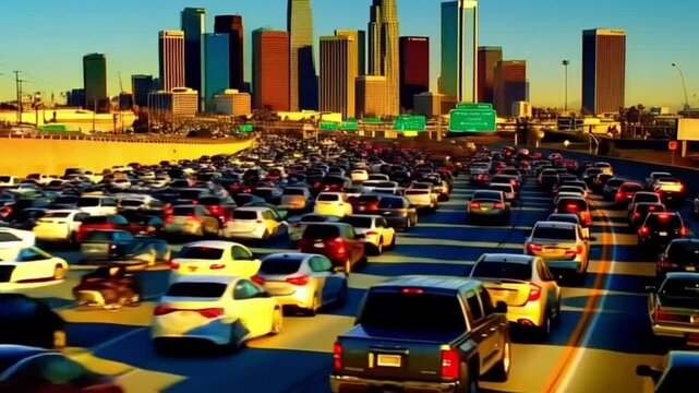 Busy afternoon traffic on the 405 freeway in Los Angeles, cars stuck in a jam, Generative A