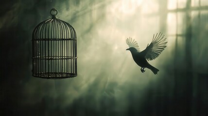 Fototapeta premium A bird flying away from an empty birdcage, freedom, metaphor for loss